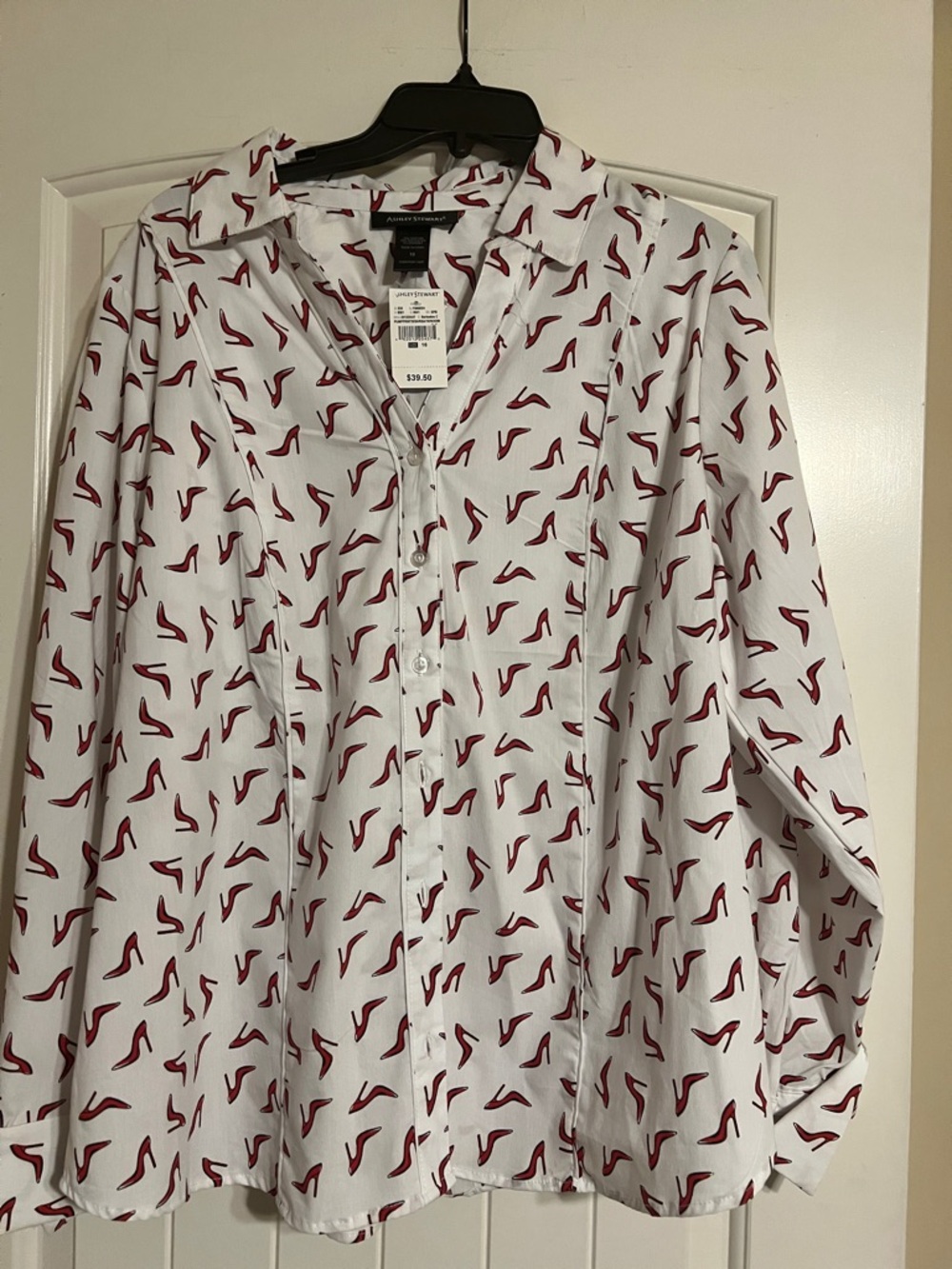 Ashley Stewart White Button-Up Blouse with Red Shoe Print